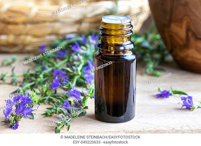 A bottle of essential oil with fresh blooming hyssop twigs