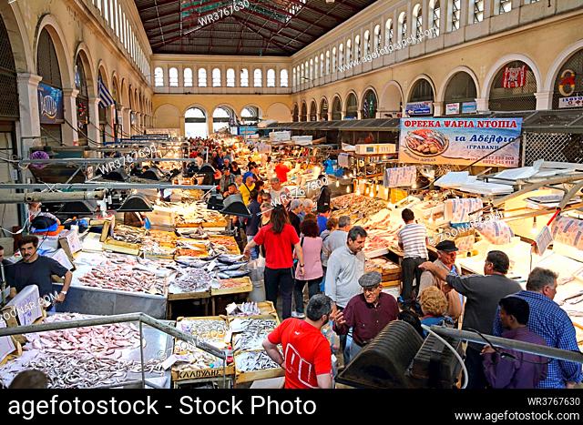 Athens, Greece - May 05, 2015: Shoppers at Busy Fish Market Interior in Athens, Greece