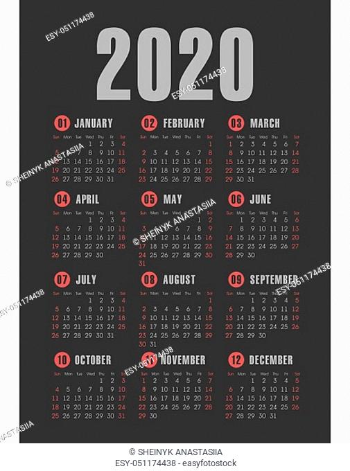 Calendar 2020 year. Black and white vector template. Week starts on Sunday. Basic grid. Pocket square calender. Ready design