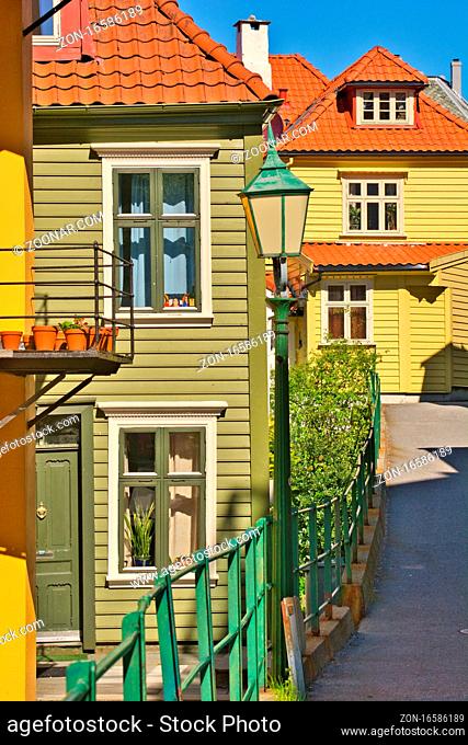 Bergen, Norway, May 2015: Wooden houses and architecture of the norwegian city of gamle Bergen