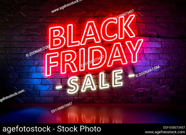 Black Friday Sale neon lights sign on a brick wall 3D illustration