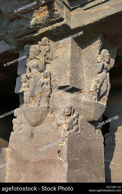 Ellora Caves, Aurangabad, Maharashtra, India Cave No. 18, Female figures with attendants on the pillar