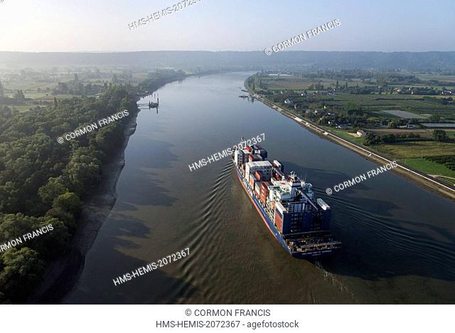 France, Seine Maritime, Le Mesnil sous Jumieges, the containership Cma Cgm Fort Saint Georges on the Seine (aerial view)
