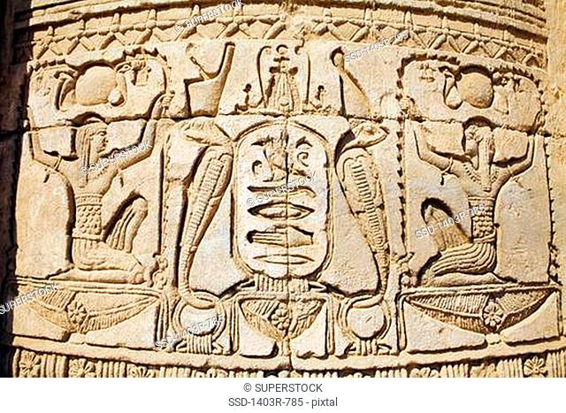 Egypt, Dendera Temple Complex, Detail of carved reliefs of Roman Mammisi