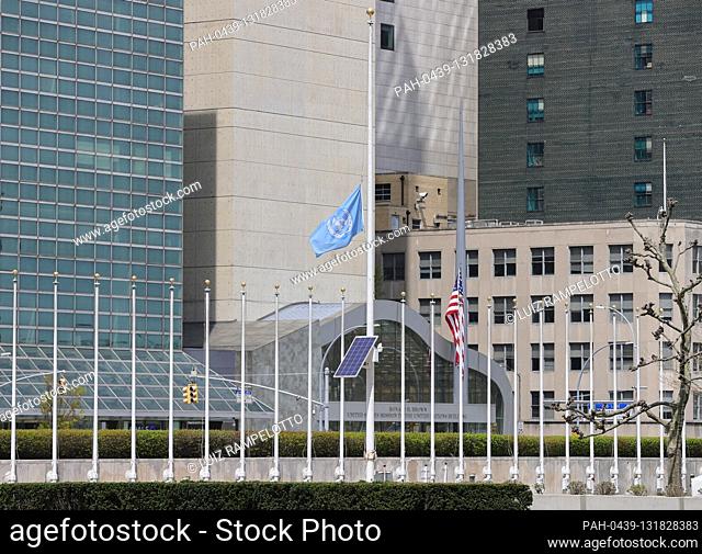 United Nations, New York, USA, April 17, 2020 - A view of the UN Flag at half-staff on a empty United Nations headquarters