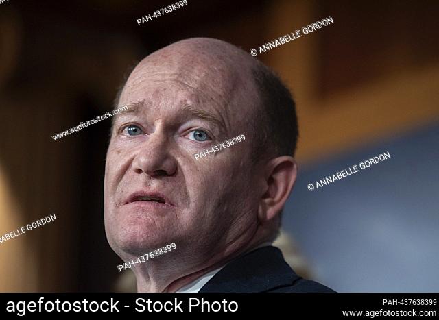 United States Senator Chris Coons (Democrat of Delaware) at a press conference with United States Senator Jeanne Shaheen (Democrat of New Hampshire)