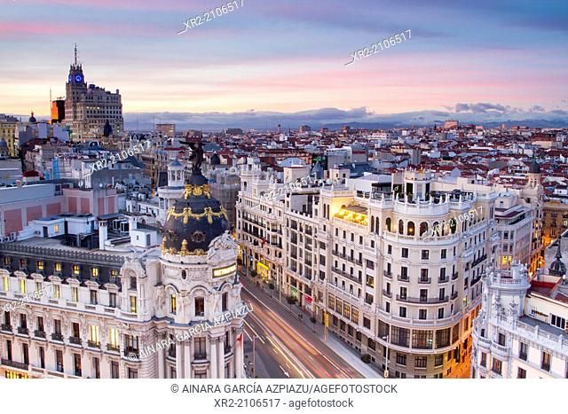 Aerial view of Metropolis building in Gran Vía, and panoramic view of Madrid, Spain