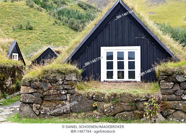 Historic houses with grass roofs in Skogar, Iceland, Europe