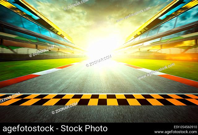 View of the infinity empty asphalt international race track starting or end line, Motion blurred effect