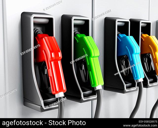 Multi-colored fuel pumps at petrol station