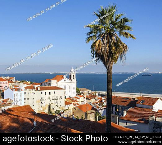 Lisbon, Portugal. View over the old district of the Alfama with church of Santo Estevao to right and the Rio Tejo, or Tagus River, behind