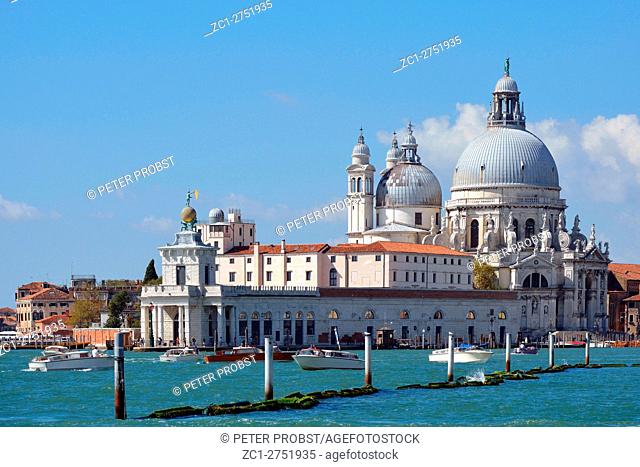 Venice, Veneto, Italy - September 6, 2016: Basilica Santa Maria della Salute with the Punta della Dogana in Venice in Italy