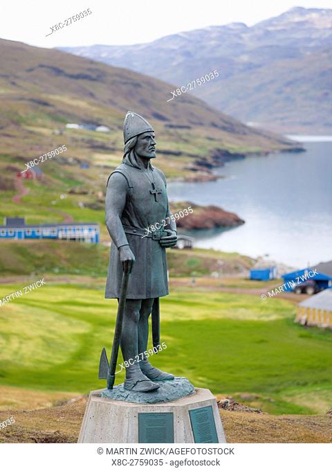 Statue of Leif Eriksson, european norse discoverer of North America. The settlement Qassiarsuk, probably the old Brattahlid, the home of Erik the Red