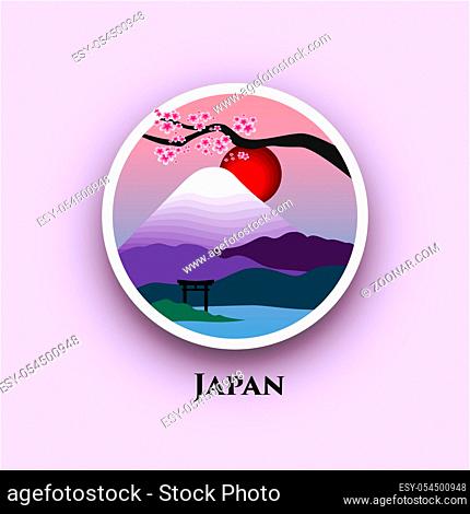 Japanese landscape with Mount Fuji and cherry blossom in a round frame . Travel logo. Digital illustration