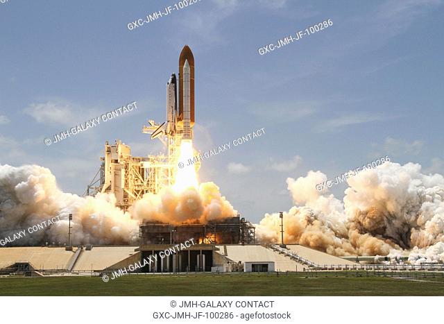 Space shuttle Atlantis and its six-member STS-132 crew head toward Earth orbit and rendezvous with the International Space Station