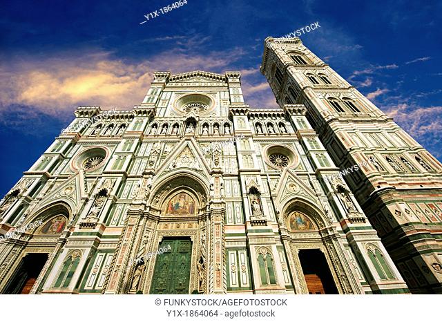 Facade of the the Gothic-Renaissance Duomo of Florence, Basilica of Saint Mary of the Flower, Firenza  Basilica di Santa Maria del Fiore  built between 1293 &...