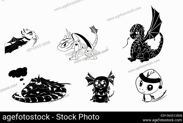vector set of 6 dragons silhouettes cute and cartoony. eps 8