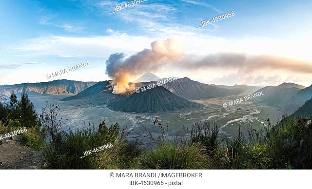 View of volcanoes at sunset, smoking volcano Gunung Bromo, Batok, Mt. Kursi, Gunung Semeru, National Park Bromo-Tengger-Semeru, Java, Indonesia