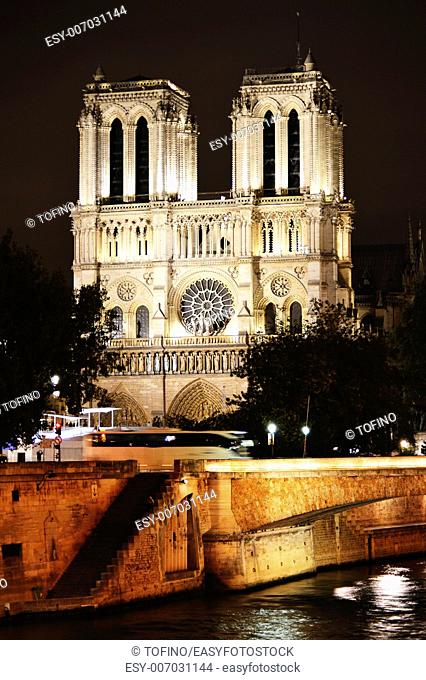 Notre-Dame Cathedral in Paris, France by night