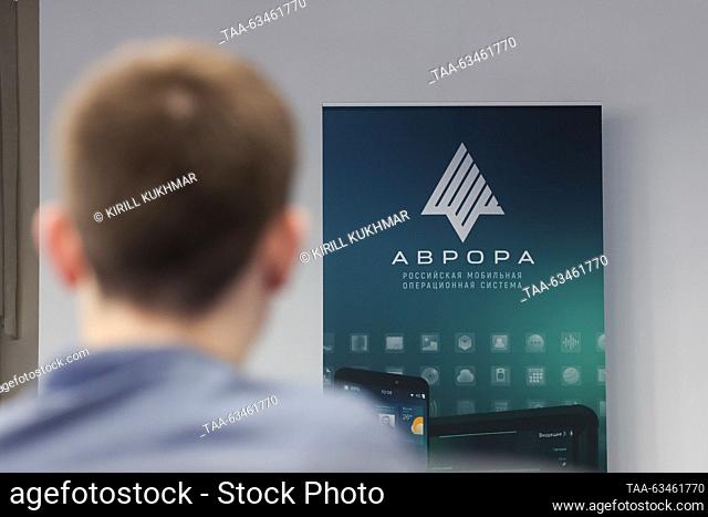 RUSSIA, NOVOSIBIRSK - OCTOBER 17, 2023: Open Mobile Platform lets users beta test the Russian-made Aurora OS at the Novosibirsk branch of Rostelecom