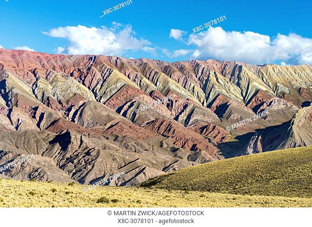 Iconic rock formation Serrania de Hornocal in the canyon Quebrada de Humahuaca. The Quebrada is listed as UNESCO world heritage site