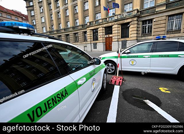 Military police vehicles in front of the building of the General Staff of the Czech Army in Prague, Czech Republic, September 19, 2023