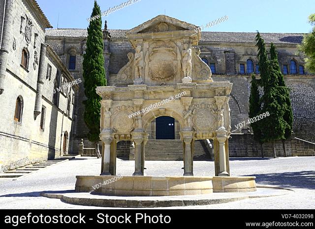 Baeza, Fuente de Santa María (renaissance, 16th century). At bottom Cathedral. Jaén, Andalusia, Spain