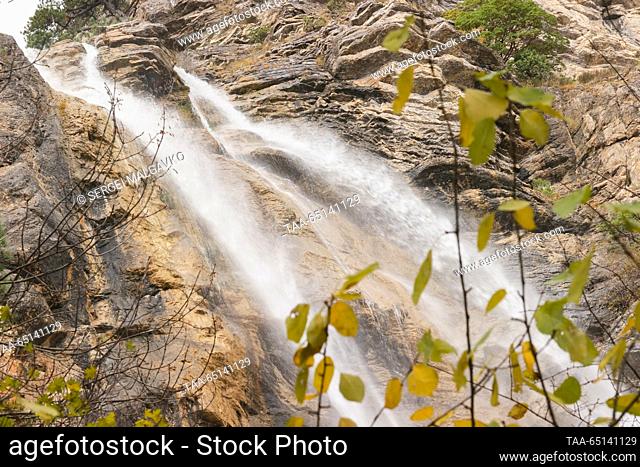 RUSSIA, REPUBLIC OF CRIMEA - NOVEMBER 24, 2023: The Uchan-su waterfall pours down 6km west of the Black Sea coast city of Yalta, southern Crimea