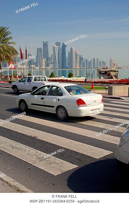 Middle East, Qatar, Doha, Traffic on The Corniche & West Bay Central Financial District