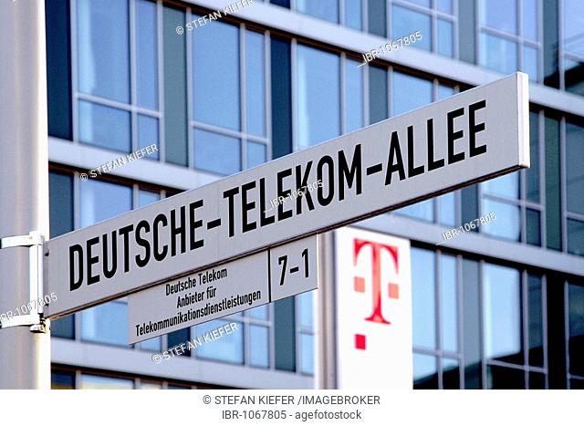 Street sign with the name Deutsche-Telekom-Allee in front of an office building of the Deutsche Telekom AG in Darmstadt, Hesse, Germany, Europe