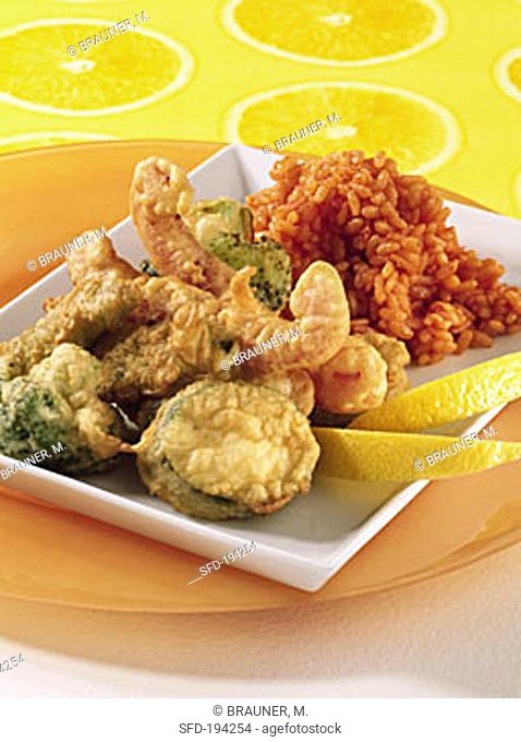 Fritto misto (deep-fried vegetables) with tomato risotto