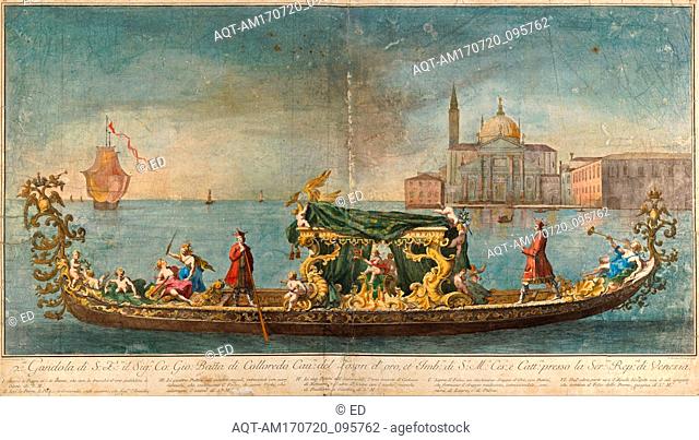 Drawings and Prints, Print, The highly ornamented second gondola of Ambassador Giovanni Battista Colloreado entering Venice, Artist, After, Luca Carlevaris