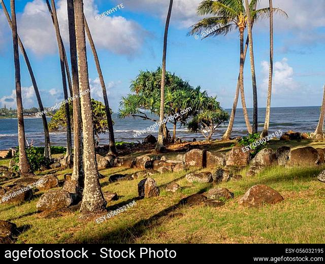 Ancient Hawaiian temple, or Heiau, located on the eastern shore of Kauai close to the the mouth of the Wailua River