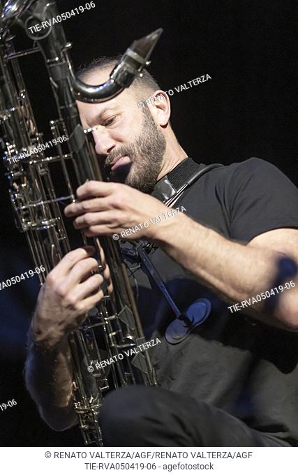 The saxophonist Colin Stetson during the concert , Turin, ITALY-04-04-2019