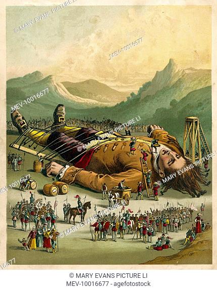 Gulliver is tied down by the people of Lilliput
