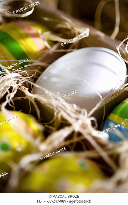 Close-up of Easter eggs in a box