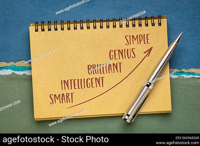 smart, intelligence, brilliant, genius and simple - five levels of intellect in ascending order according to Einstein, handwriting in a sketchbook