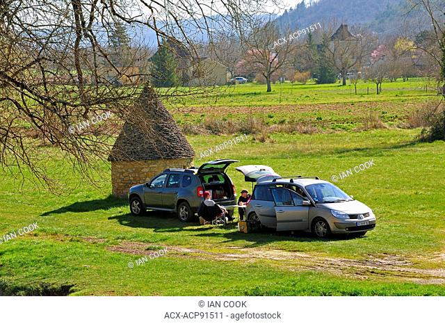 picnic area beside Le Ceou River at Saint-Cybranet, Dordogne Department, Aquitaine, France