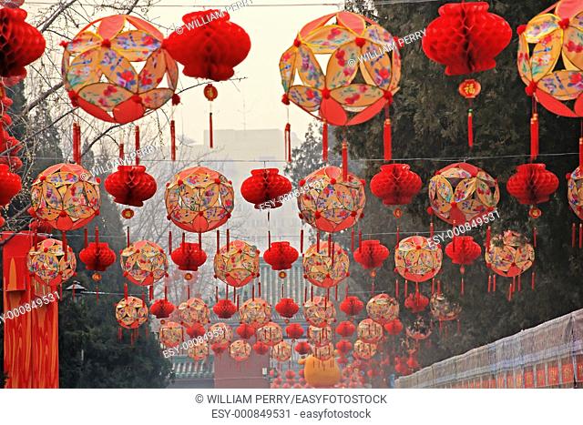 Lucky Red Lanterns Chinese New Year Decorations Ditan Park Beijing China  During Lunar New Year, many parks and temples in China have large outdoor fairs