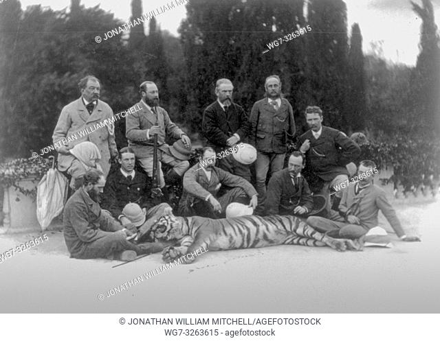 NEPAL Terai -- circa 1900 -- Tiger hunting in the Terai. HRH Prince of Wales is pictured here holding a rifle (centre left) -- Picture by Lightroom Photos / US...