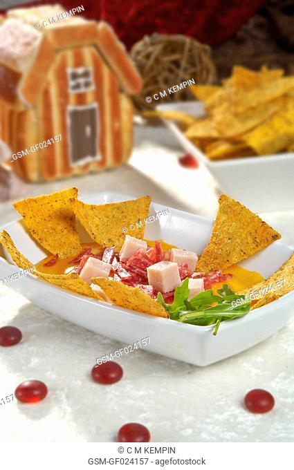 Nachos Mexican tortilla chips with Cheddar cheese, salami, and chopped cooked ham
