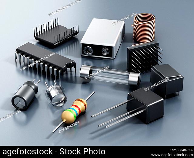 Spare electronic parts isolated on gray background. 3D illustration