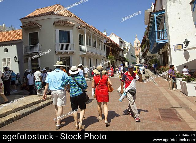 Tourists walking around the Cathedral Basilica of Saint Catherine of Alexandria at the historic center, Cartagena de Indias, Bolivar, Colombia, South America