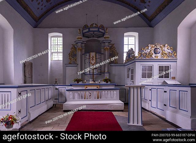 05 June 2020, Mecklenburg-Western Pomerania, Hiddensee: View into the interior of the Inselkirche Hiddensee. It is the last preserved remnant of a former...