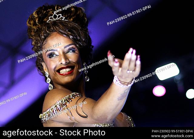 02 September 2023, Brazil, Rio De Janeiro: Patrícia Miranda, dancer of the Acadêmicos do Salgueiro, performs during the competition ""King and Queen of Carnival...