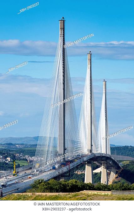 View of new Queensferry Crossing bridge spanning River Forth in Scotland, United Kingdom