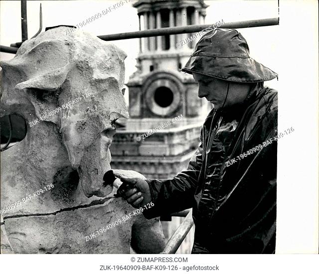 Sep. 09, 1964 - CLEANING THE STATUES OF ST. PAUL'S CATHEDRAL. 'SHAVE - SIR?'.. The many statues of St. Paul's Cathedral are now in the process of getting a...