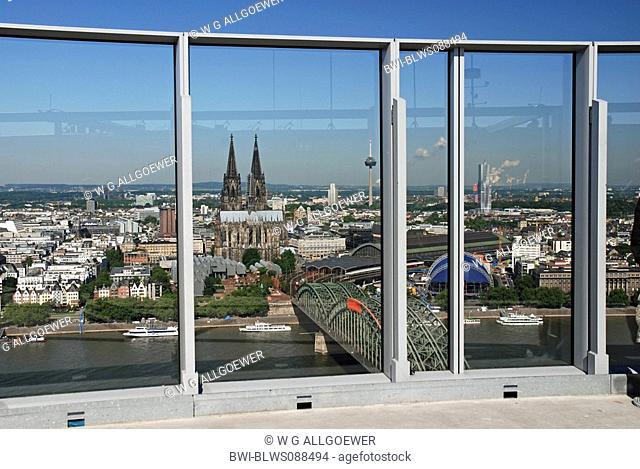 view from LVR tower on the old part of town and Cologne cathedral, Hohenzollern bridge, Museum Ludwig and main station, Germany, North Rhine-Westphalia, Koeln