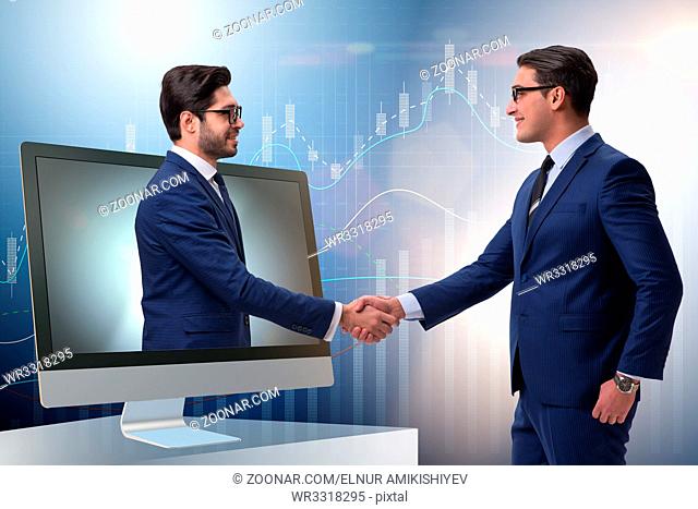 Telepresence concept with two businessman handshaking