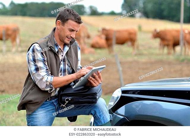 Breeder in farm using digital tablet